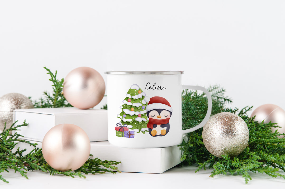 Personalisierter Emaillebecher | Emaille Tasse | Rand silber oder schwarz | mit Wunschnamen | Cute Pinguin | Geschenk für Weihnachten