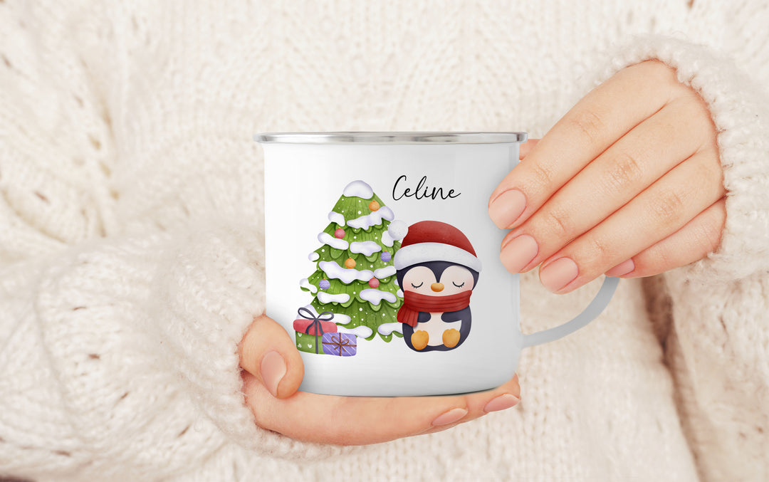 Personalisierter Emaillebecher | Emaille Tasse | Rand silber oder schwarz | mit Wunschnamen | Cute Pinguin | Geschenk für Weihnachten