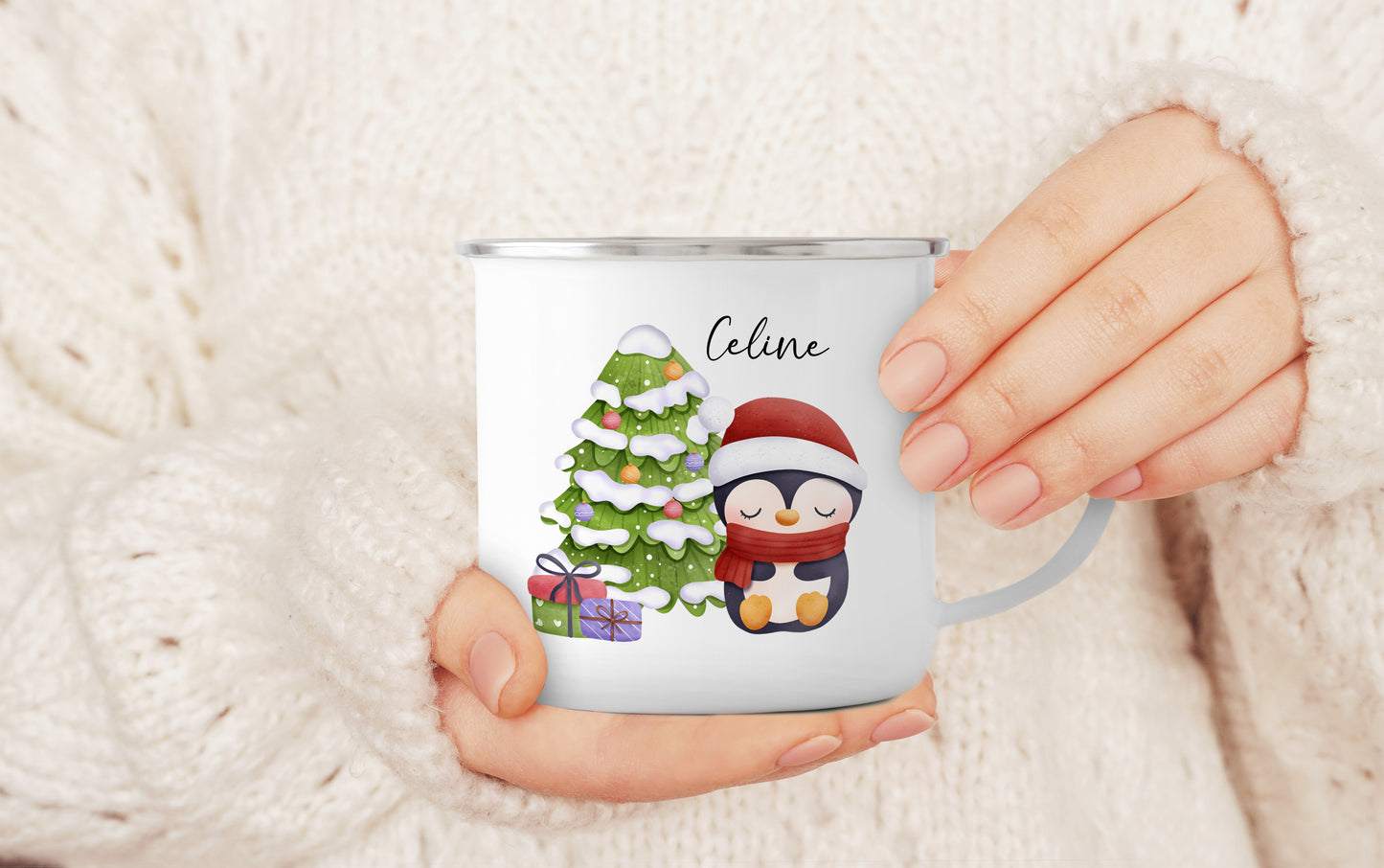 Emaille Tasse mit Name | Cute Pinguin