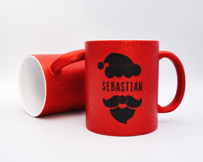 Keramik Tasse in Glitzer + Rot mit Name | Weihnachtsmann
