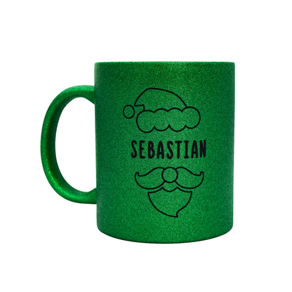 Keramik Tasse in Glitzer + Grün mit Name | Weihnachtsmann