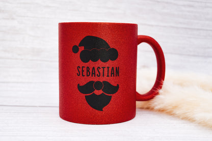 Keramik Tasse in Glitzer + Rot mit Name | Weihnachtsmann