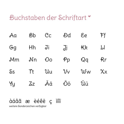 Darstellung der Schriftart für die Namenspersonalisierung mit allen Buchstaben, Umlauten und Sonderzeichen auf weißem Hintergrund
