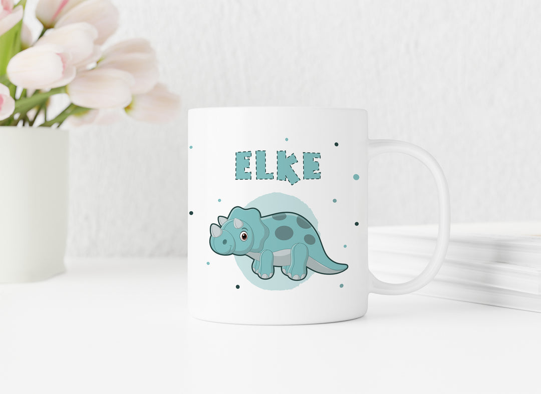 Personalisierte Tasse | mit Wunschnamen | Dino 1 | Triceratops | türkis | weiße Tasse | besonderes Geschenk zum Geburtstag