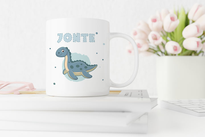Personalisierte Tasse | mit Wunschnamen | Dino 2 | Plesiosaurus | blau | weiße Tasse | besonderes Geschenk zum Geburtstag