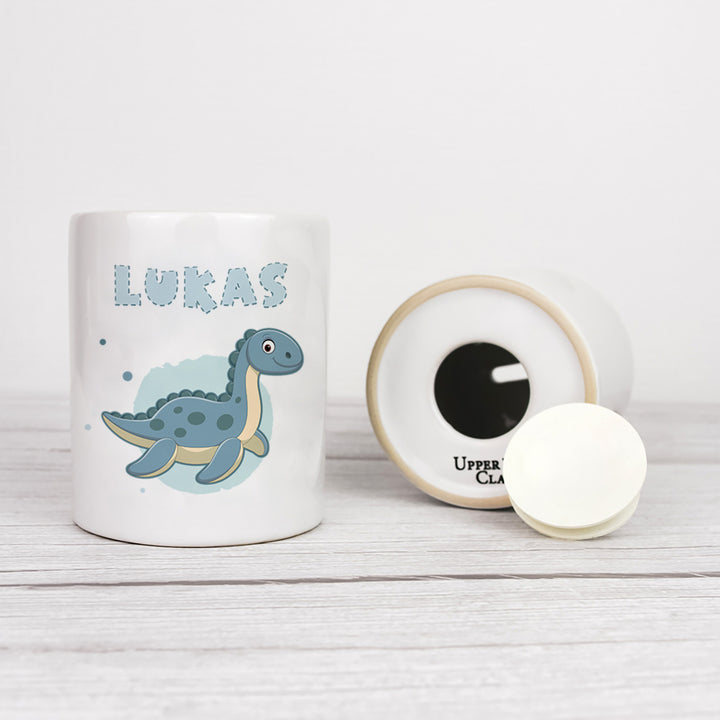 Personalisierte Spardose aus Keramik | mit Wunschnamen | Dino 2 | Plesiosaurus | blau | Geldgeschenk für Dinosaurier Fan