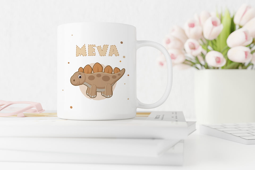 Personalisierte Tasse | mit Wunschnamen | Dino 3 | Stegosaurus | orange | weiße Tasse | besonderes Geschenk für Geburtstag