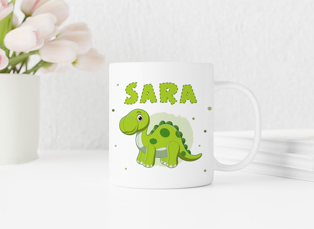 Personalisierte Tasse | mit Wunschnamen | Dino 4 | Brachiosaurus | grün | weiße Tasse | besonderes Geschenk für Geburtstag