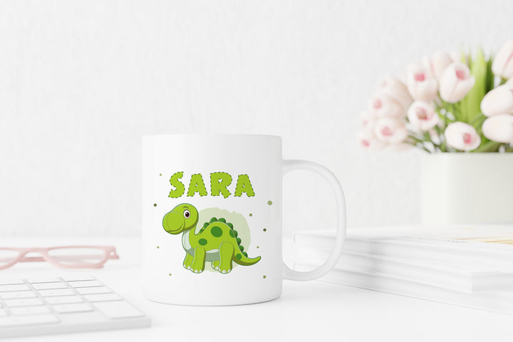 Personalisierte Tasse | mit Wunschnamen | Dino 4 | Brachiosaurus | grün | weiße Tasse | besonderes Geschenk für Geburtstag