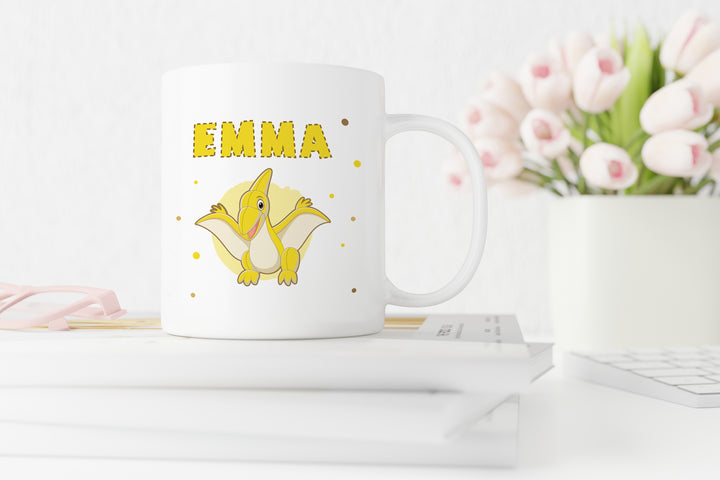 Personalisierte Tasse | mit Wunschnamen | Dino 5 | Pteranodon | gelb | weiße Tasse | besonderes Geschenk zum Geburtstag für Kinder