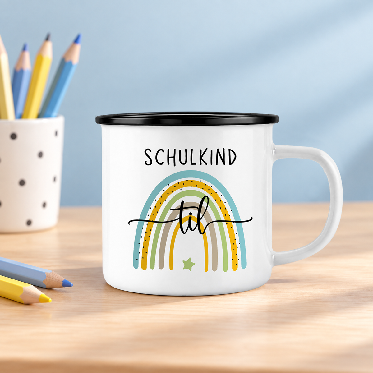 Emaille Tasse mit Namen | Schulkind Regenbogen blau- grün