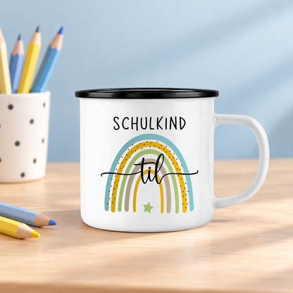 Emaille Tasse mit Namen | Schulkind Regenbogen blau- grün