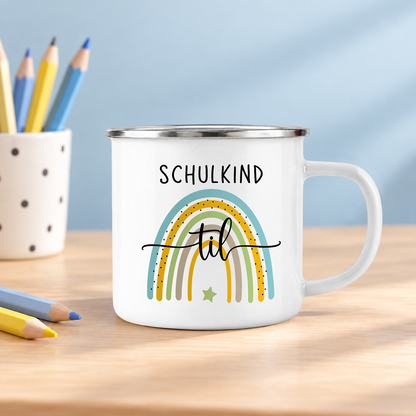 Emaille Tasse mit Namen | Schulkind Regenbogen blau- grün