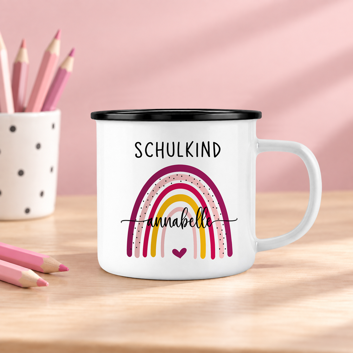 Emaille Tasse mit Namen | Schulkind Regenbogen bunt
