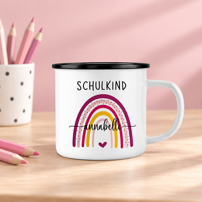 Emaille Tasse mit Namen | Schulkind Regenbogen bunt