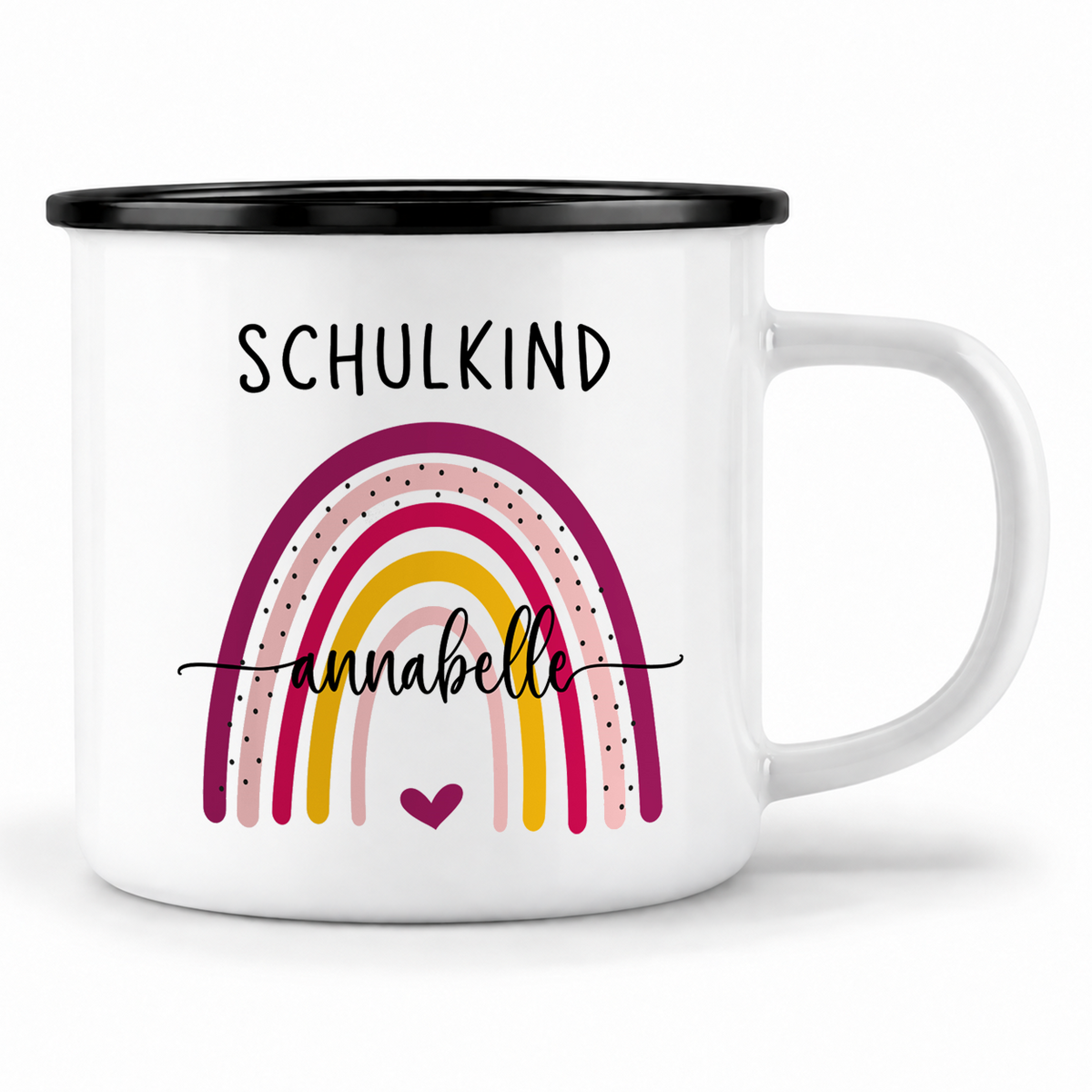 Emaille Tasse mit Namen | Schulkind Regenbogen bunt