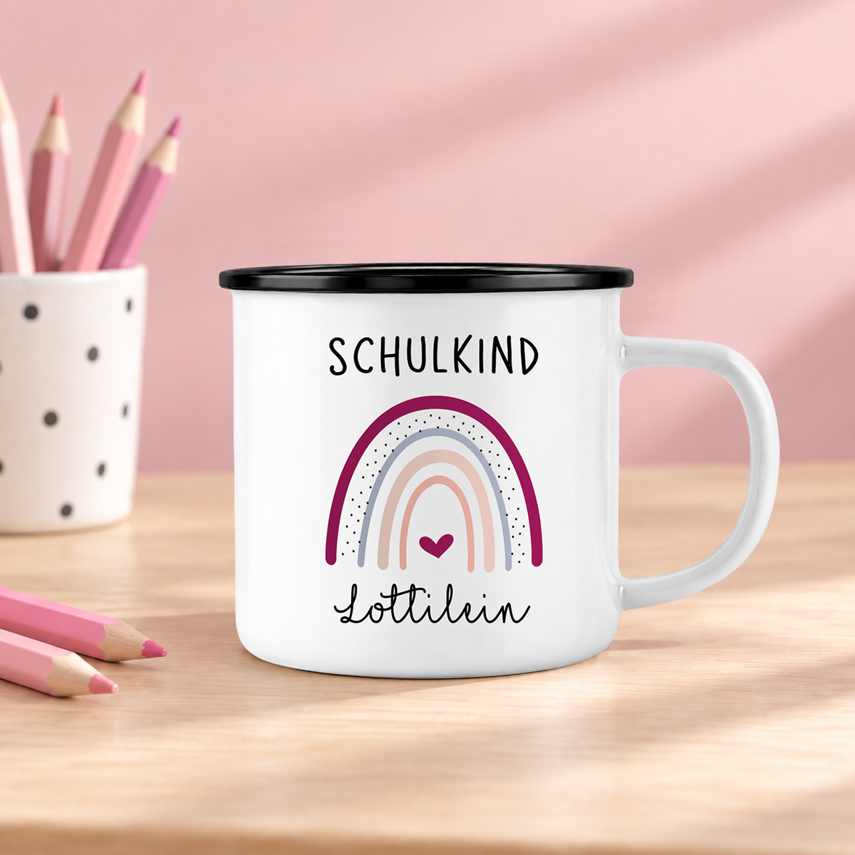 Emaille Tasse mit Namen | Schulkind Regenbogen + Herz lila