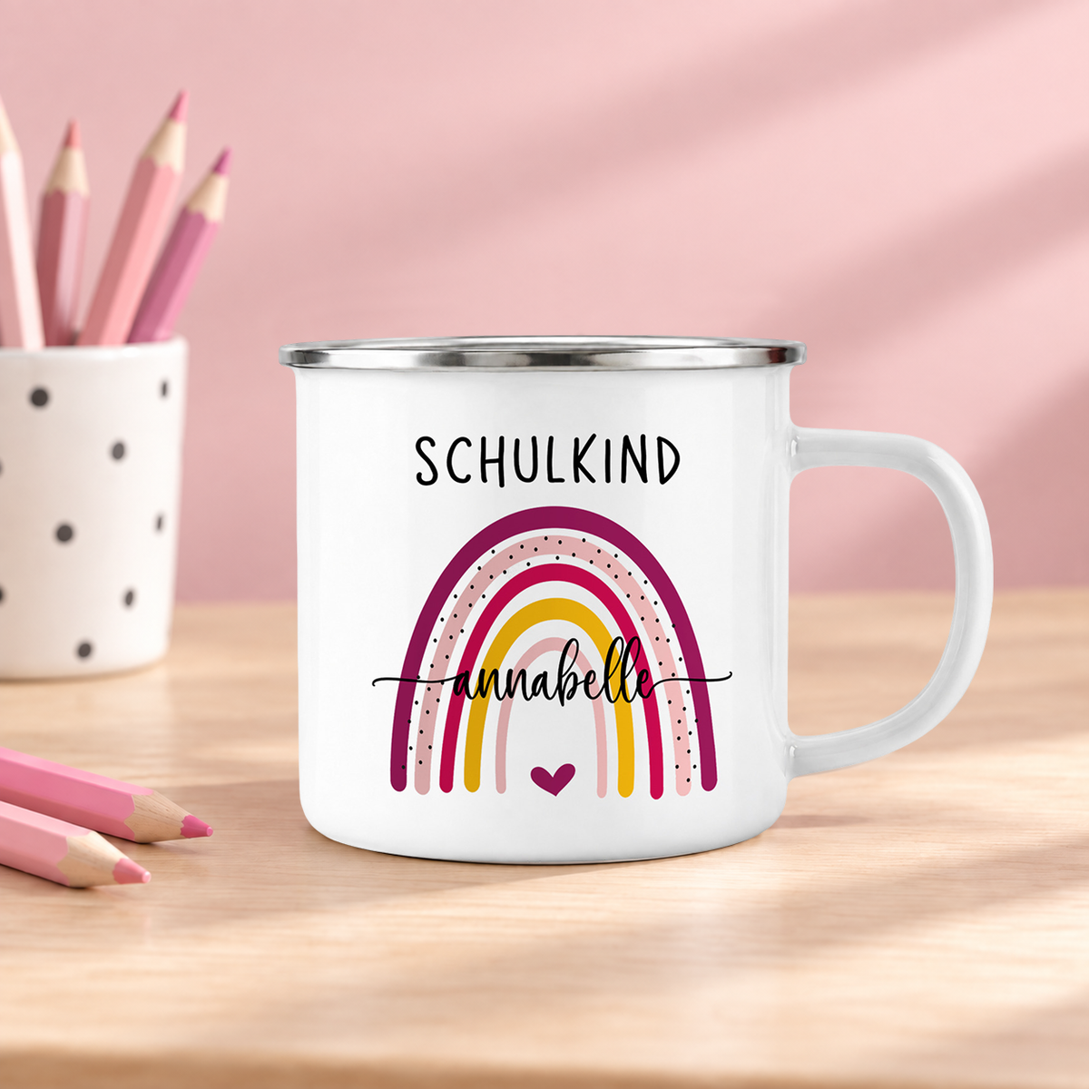 Emaille Tasse mit Namen | Schulkind Regenbogen bunt