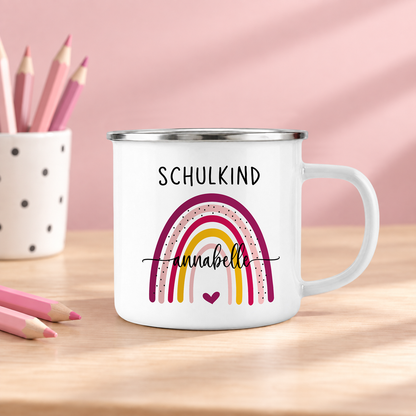 Emaille Tasse mit Namen | Schulkind Regenbogen bunt