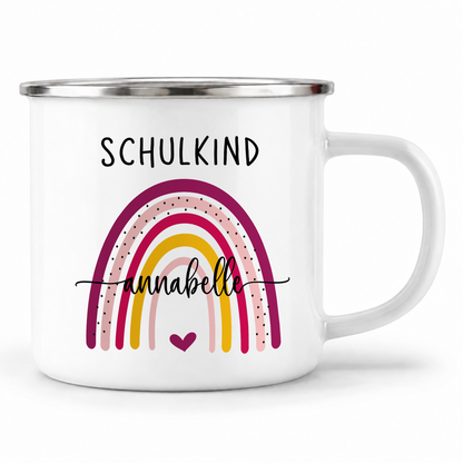 Emaille Tasse mit Namen | Schulkind Regenbogen bunt