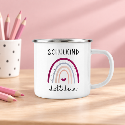 Emaille Tasse mit Namen | Schulkind Regenbogen + Herz lila