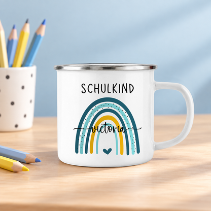 Emaille Tasse mit Namen | Schulkind Regenbogen blau