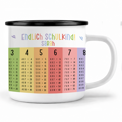 Emaille Tasse mit Namen | Endlich Schulkind - Einmaleins