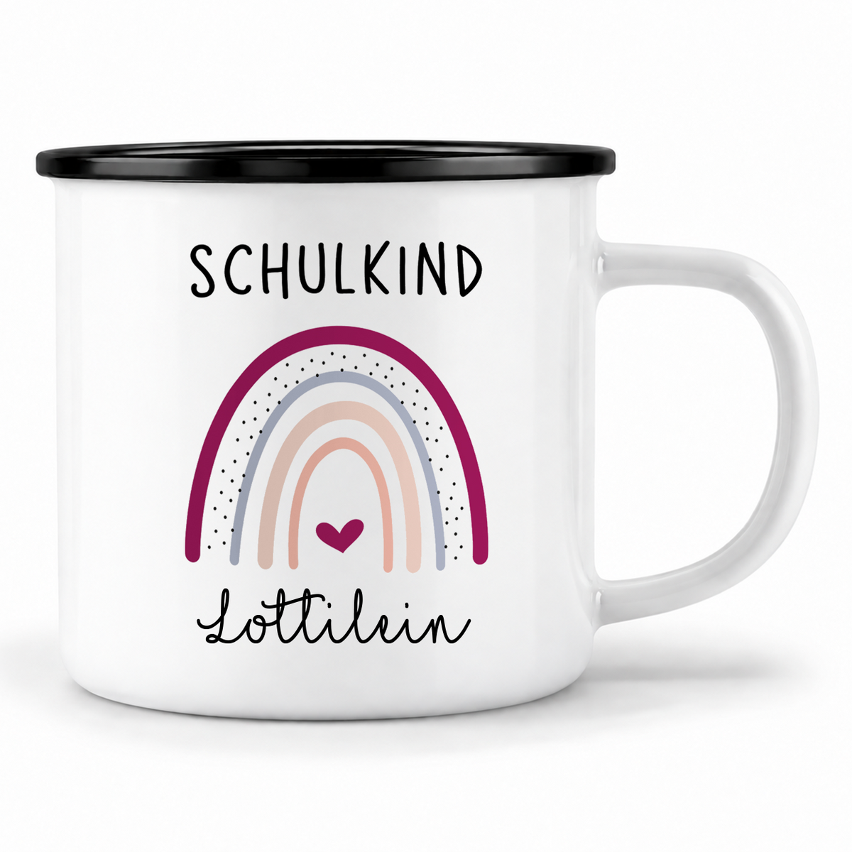 Emaille Tasse mit Namen | Schulkind Regenbogen + Herz lila