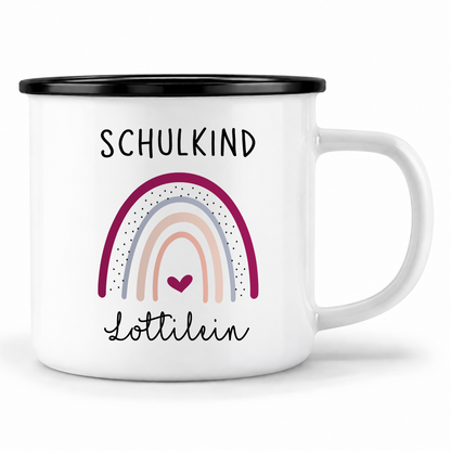 Emaille Tasse mit Namen | Schulkind Regenbogen + Herz lila