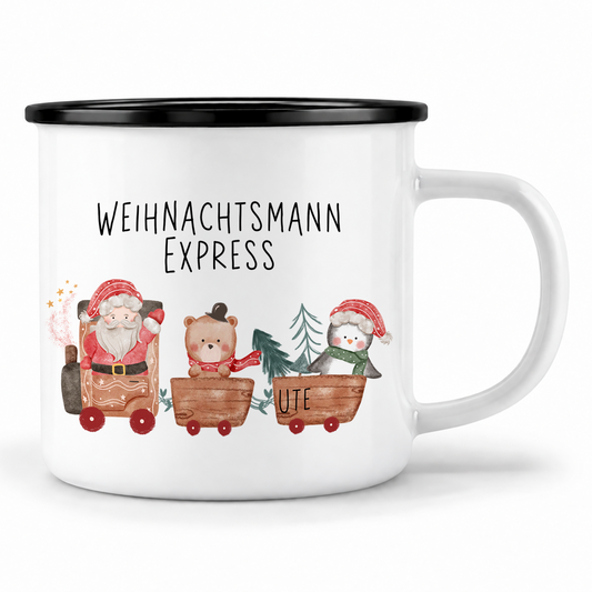 Emaille Tasse mit Name | Weihnachtsmann Express