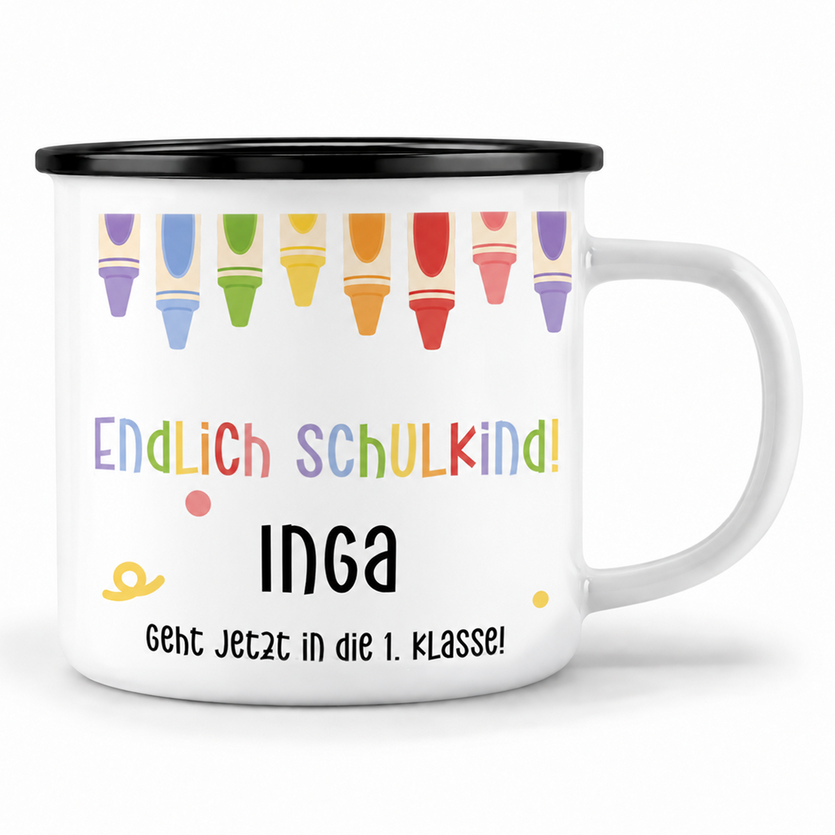 Emaille Tasse mit Namen | Endlich Schulkind | Buntstifte oben