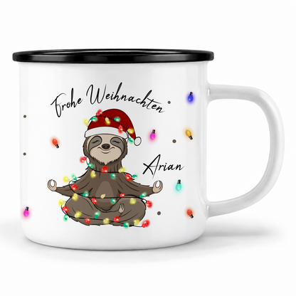 Emaille Tasse mit Name | Faultier Lichterkette