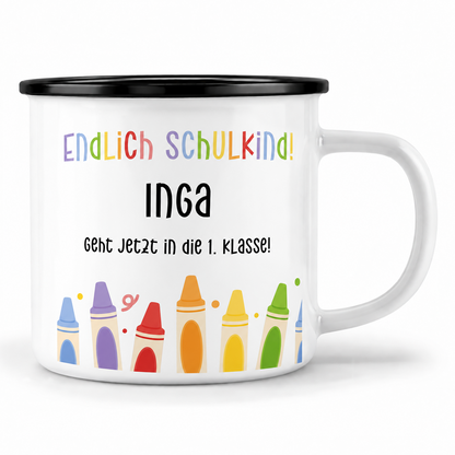 Emaille Tasse mit Namen | Endlich Schulkind | Buntstifte unten