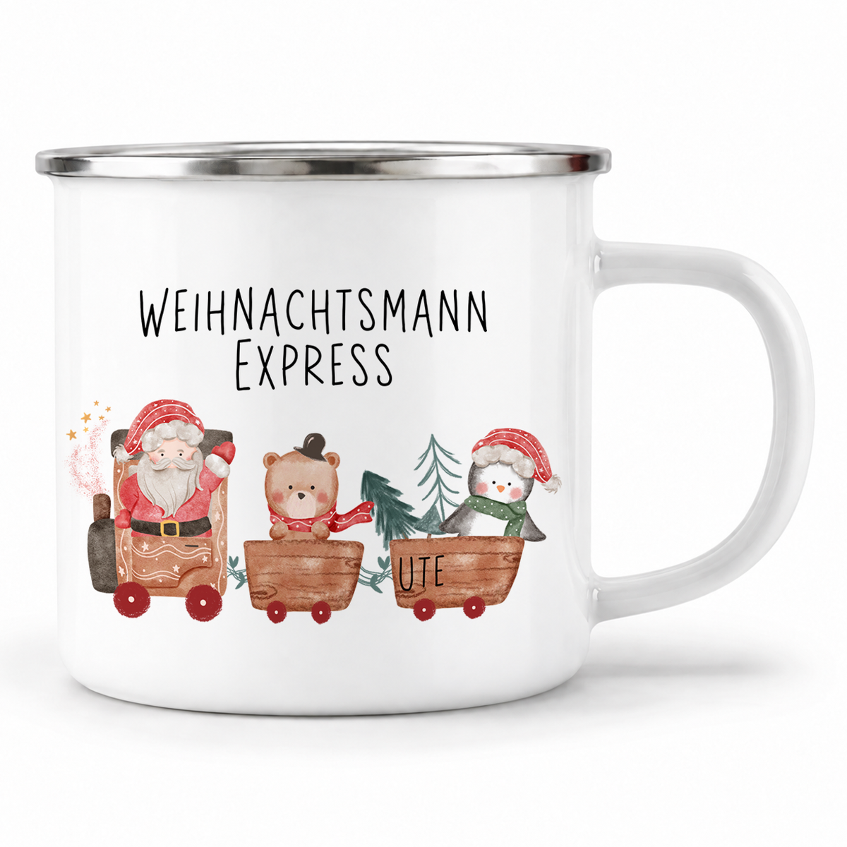 Emaille Tasse mit Name | Weihnachtsmann Express