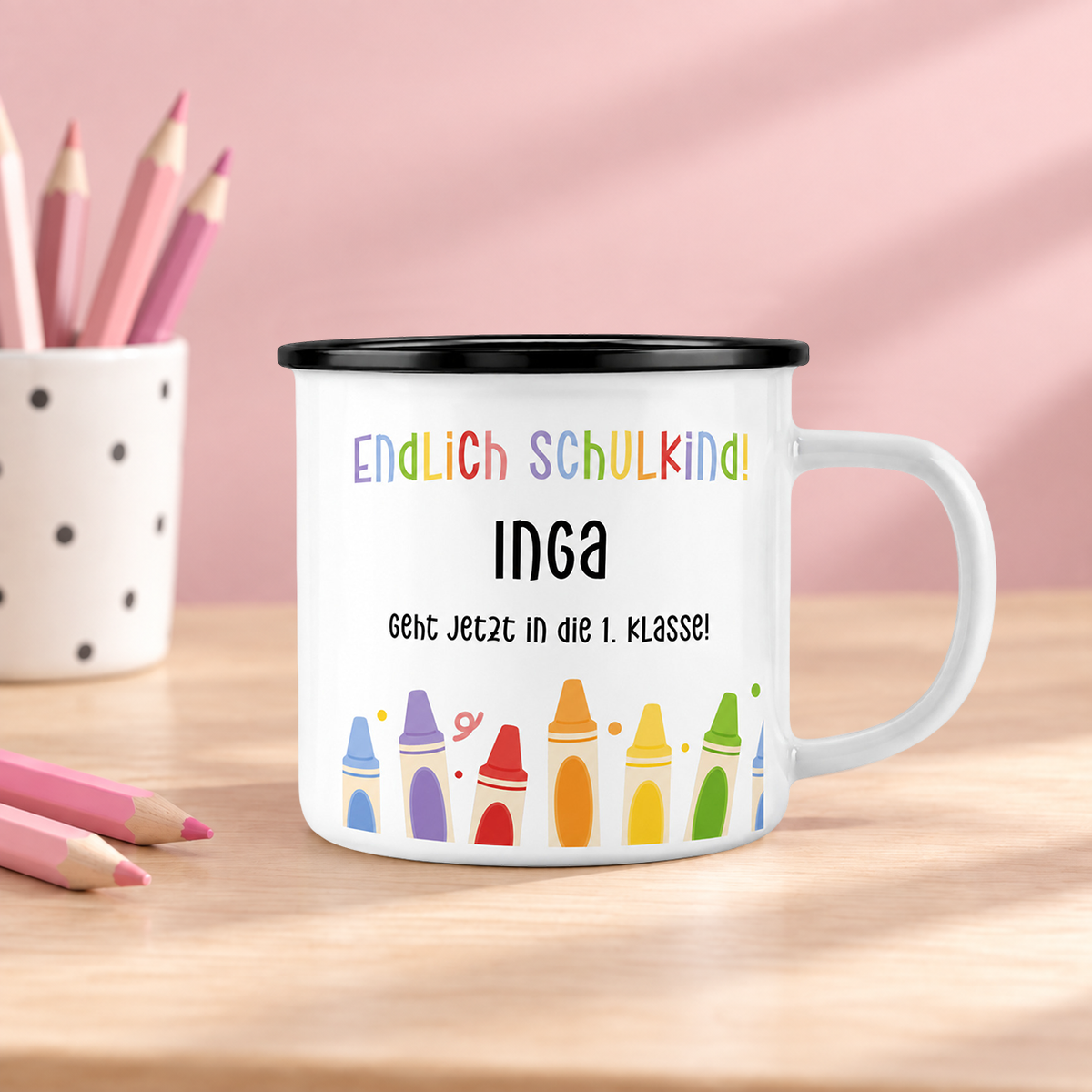 Emaille Tasse mit Namen | Endlich Schulkind | Buntstifte unten