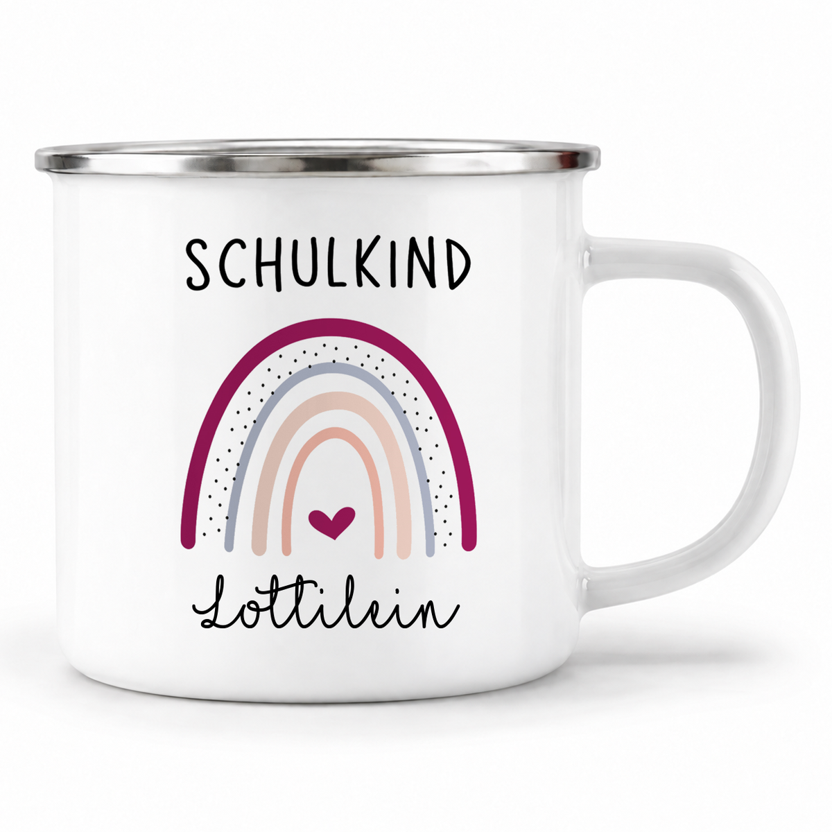 Emaille Tasse mit Namen | Schulkind Regenbogen + Herz lila
