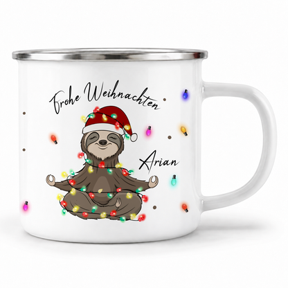 Emaille Tasse mit Name | Faultier Lichterkette