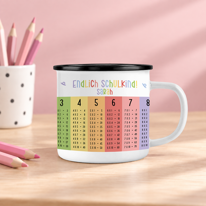 Emaille Tasse mit Namen | Endlich Schulkind - Einmaleins