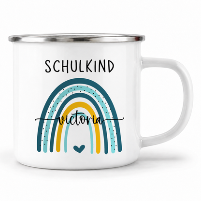 Emaille Tasse mit Namen | Schulkind Regenbogen blau