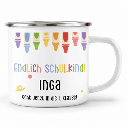 Emaille Tasse mit Namen | Endlich Schulkind | Buntstifte oben