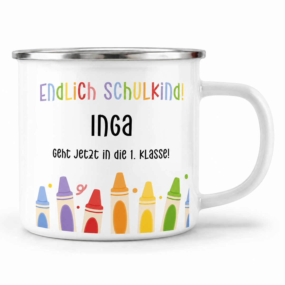 Emaille Tasse mit Namen | Endlich Schulkind | Buntstifte unten