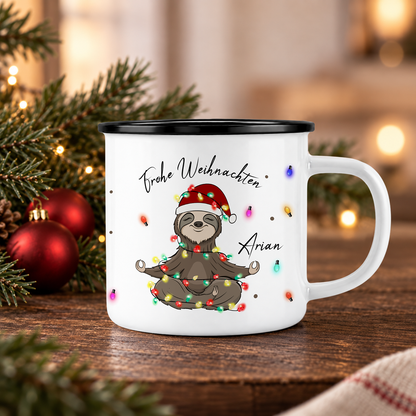 Emaille Tasse mit Name | Faultier Lichterkette