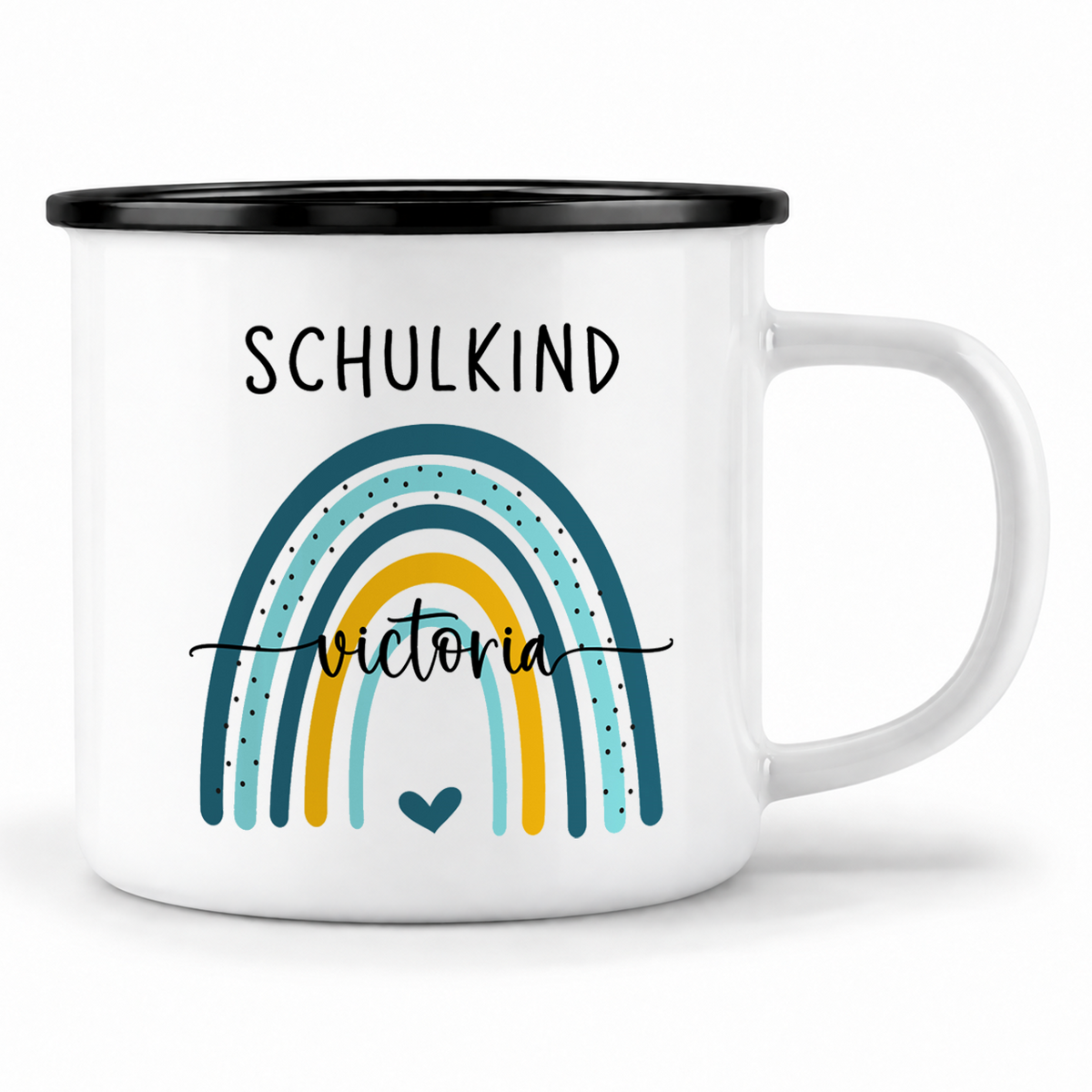 Emaille Tasse mit Namen | Schulkind Regenbogen blau