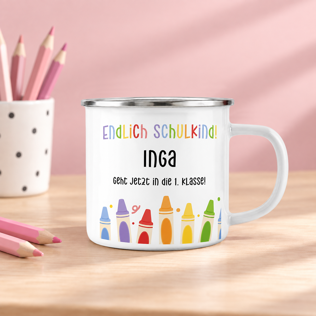 Emaille Tasse mit Namen | Endlich Schulkind | Buntstifte unten