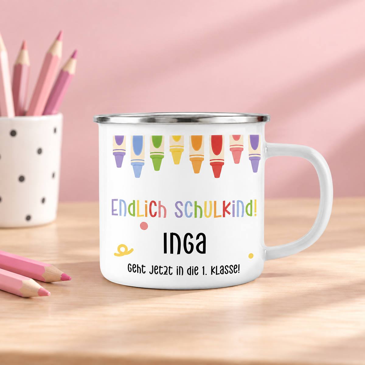 Emaille Tasse mit Namen | Endlich Schulkind | Buntstifte oben