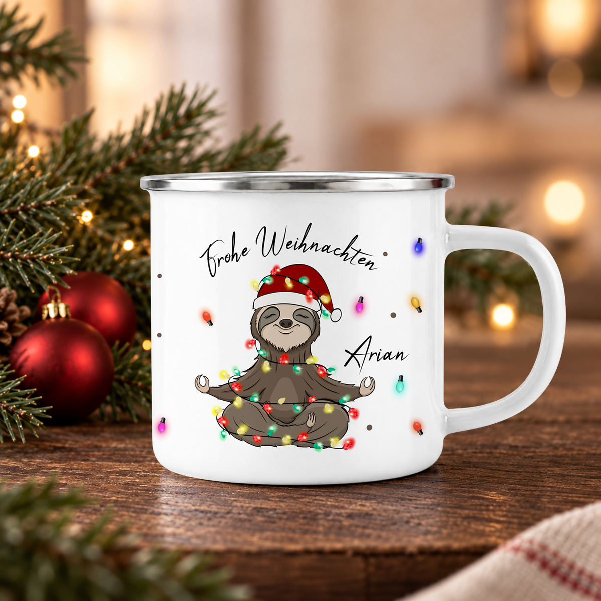 Emaille Tasse mit Name | Faultier Lichterkette