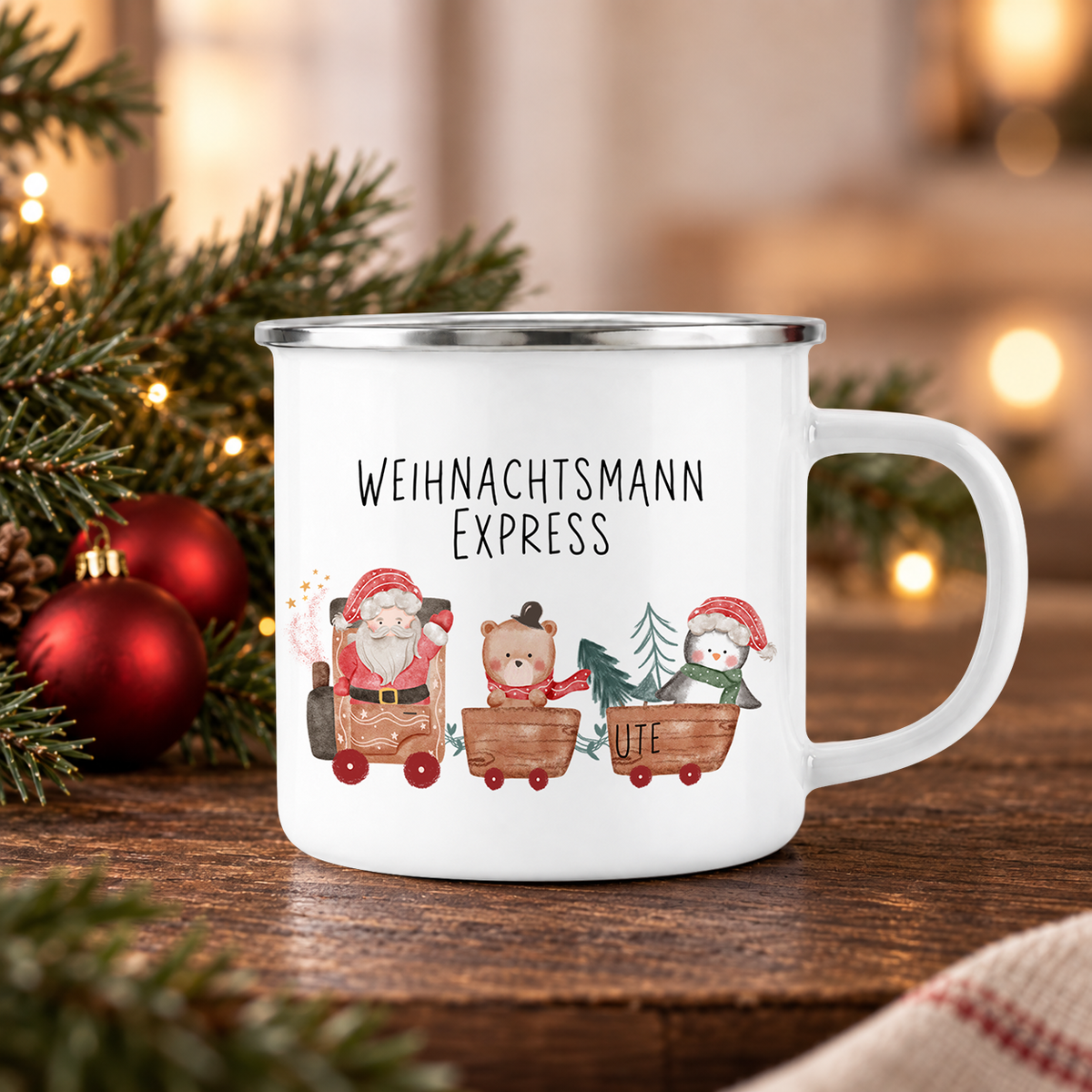 Emaille Tasse mit Name | Weihnachtsmann Express