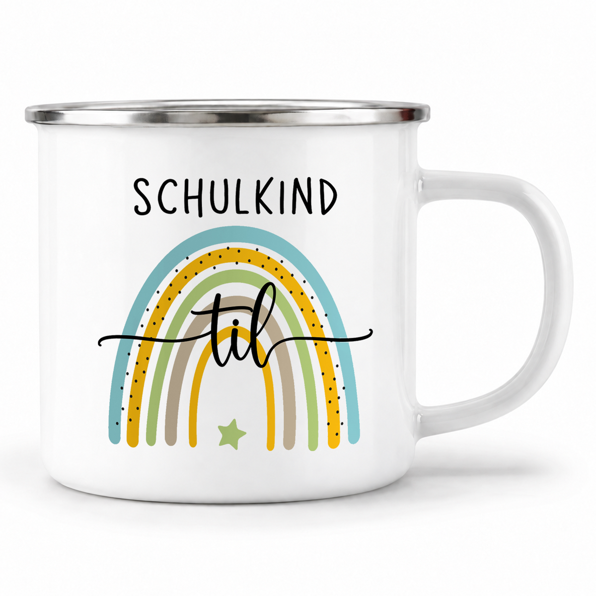 Emaille Tasse mit Namen | Schulkind Regenbogen blau- grün