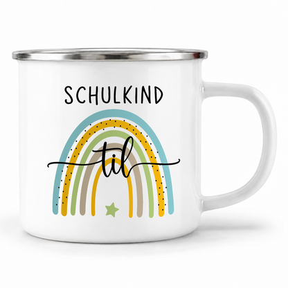 Emaille Tasse mit Namen | Schulkind Regenbogen blau- grün