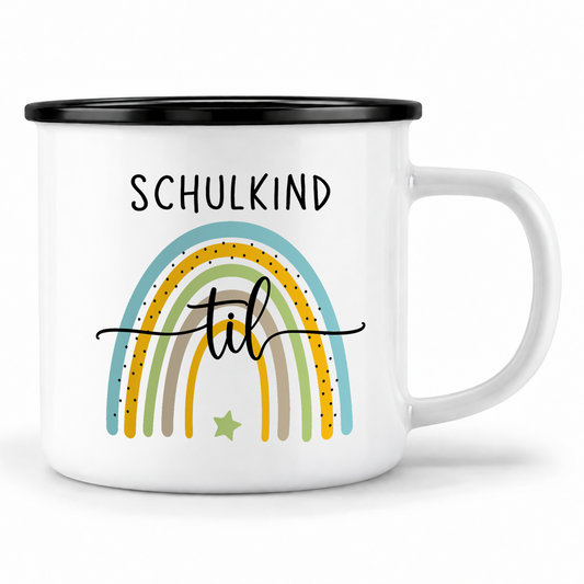 Emaille Tasse mit Namen | Schulkind Regenbogen blau- grün